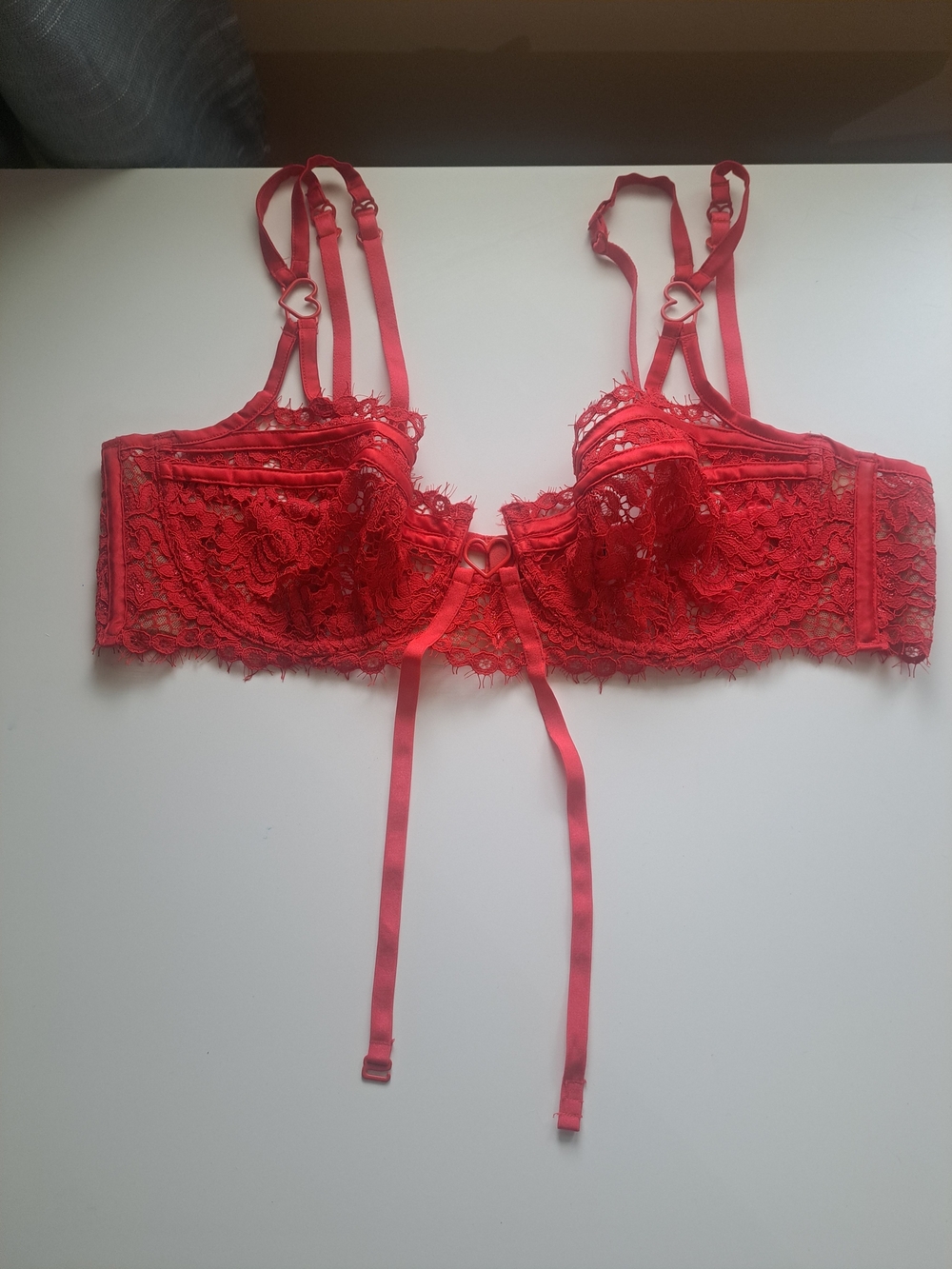 NWOT- For Love And Lemons Red Lace Balconette 3 Piece Set with Heart Hardware